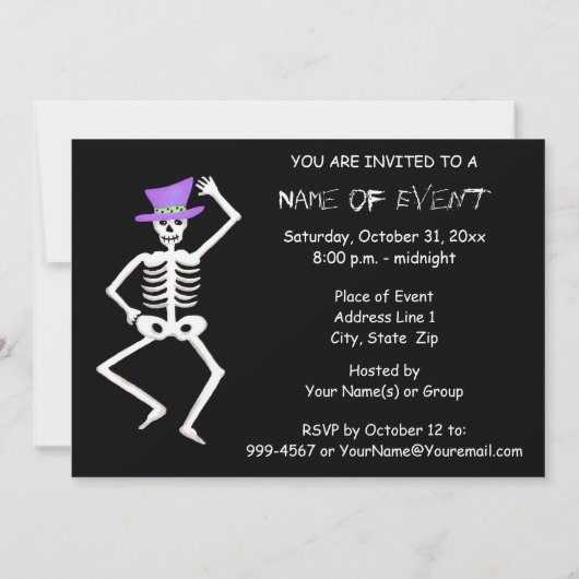 Invitation Black violet vert Halloween Skeleton Bone Dance (Dos)