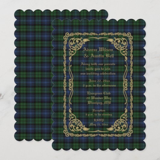 Invitation Black Watch  Tartan Ancien Avec Cadre Doré (Devant / Derrière)
