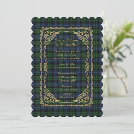Invitation Black Watch Tartan Ancien Avec Cadre Or (Debout devant)
