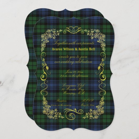 Invitation Black Watch Tartan Ancien Avec Cadre Or Invitat (Devant / Derrière)