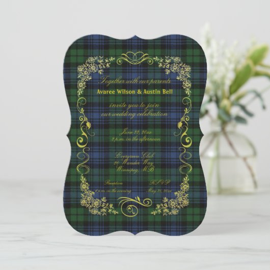 Invitation Black Watch Tartan Ancien Avec Cadre Or Invitat (Debout devant)