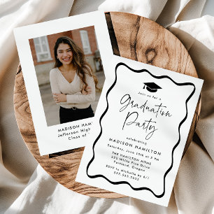 Invitation Black Wavy Frame Photo Graduation Party