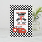 Invitation Black White À damiers Red Race Car fête d'annivers (Debout devant)