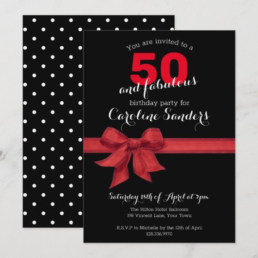 Invitation Black White and Red 50 et Fabulous Birthday Party (Devant / Derrière)