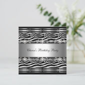 Invitation Black White Anniversaire fête Zebra Animal Jewel (Debout devant)