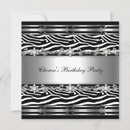 Invitation Black White Anniversaire fête Zebra Animal Jewel (Devant)
