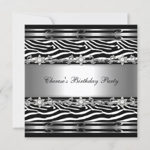 Invitation Black White Anniversaire fête Zebra Animal Jewel