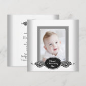 Invitation Black White Baby Boy Photo Christening (Devant / Derrière)