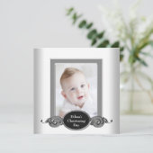 Invitation Black White Baby Boy Photo Christening (Debout devant)