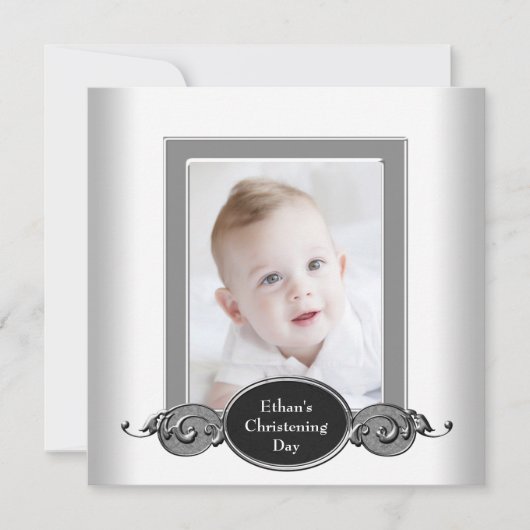 Invitation Black White Baby Boy Photo Christening (Devant)