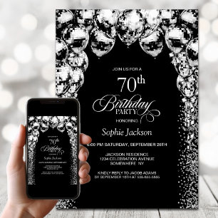 Invitation Black White Balloons 70e fête d'anniversaire