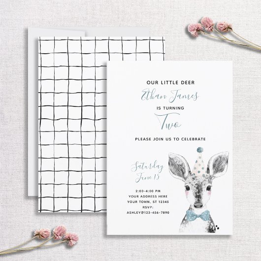 Invitation Black & White Blue Deer Boy 2e anniversaire