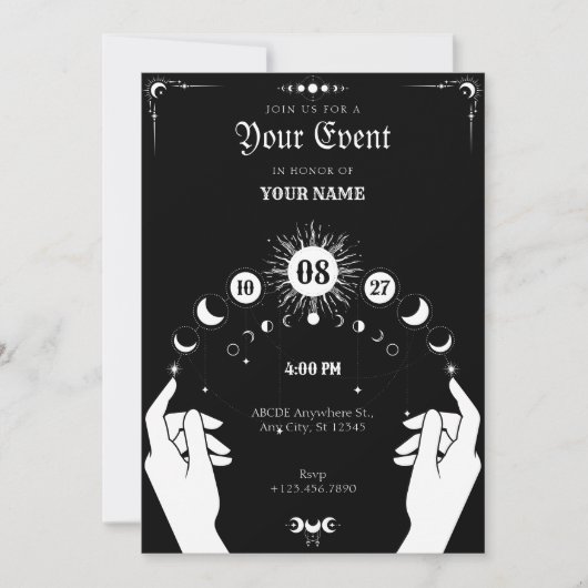 Invitation Black white Boho Moon mystical hand (Devant)