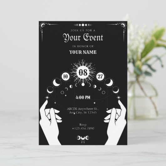 Invitation Black white Boho Moon mystical hand  (Debout devant)