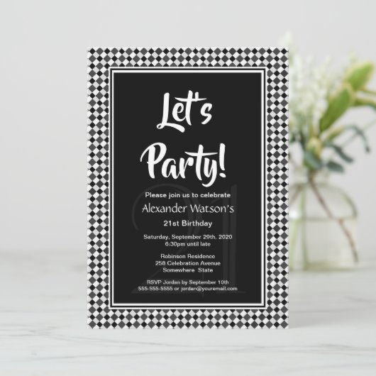 Invitation Black White Border 21e fête d'anniversaire (Debout devant)
