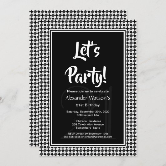 Invitation Black White Border 21e fête d'anniversaire (Devant / Derrière)