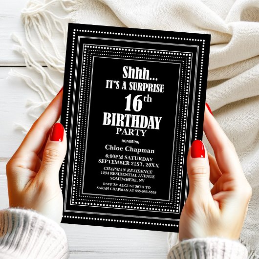 Invitation Black White Border Surprise 16e fête d'anniversair