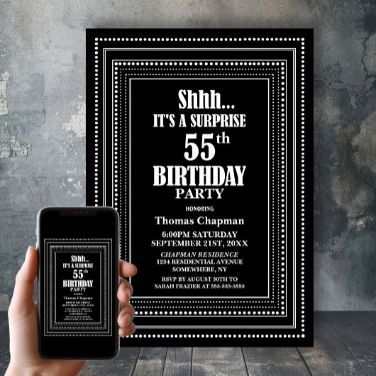 Invitation Black White Border Surprise 55e anniversaire
