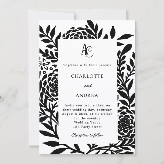 Invitation Black white botanical modern monogram wedding (Devant)