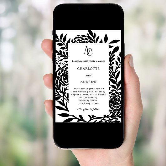 Invitation Black white botanical modern monogram wedding