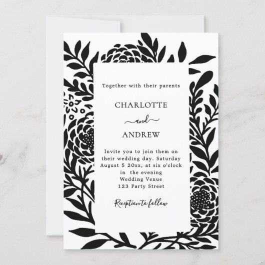 Invitation Black white botanical modern wedding (Devant)