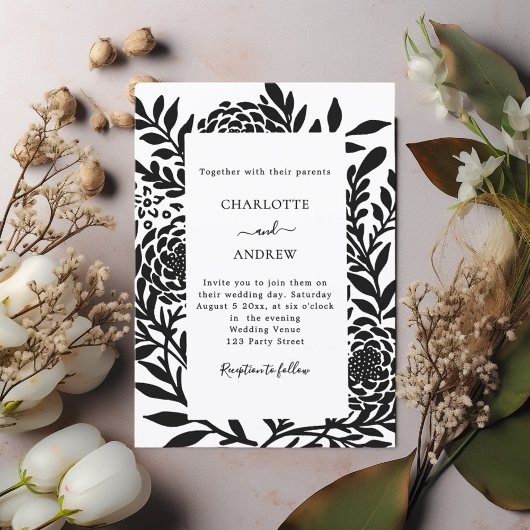 Invitation Black white botanical modern wedding