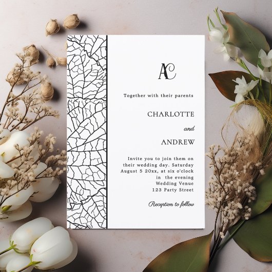 Invitation Black white botanical monogram wedding