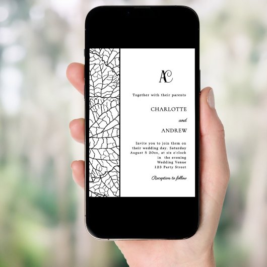 Invitation Black white botanical monogram wedding