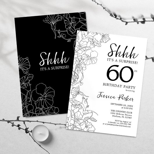 Invitation Black White Botanical Surprise 60e anniversaire