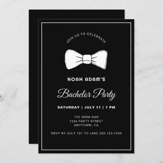 Invitation Black & White Bow Cravate moderne Bachelor Party I (Devant / Derrière)