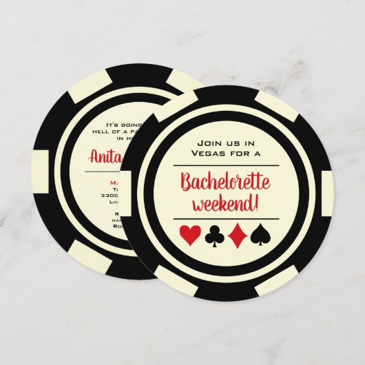 Invitation Black White Casino Poker Chip Bachelorette Party (Devant / Derrière)