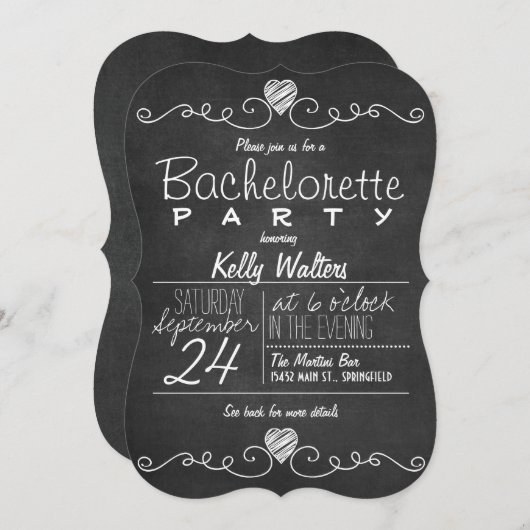 Invitation Black & White Chalkboard Rustique Bachelorette Par (Devant / Derrière)
