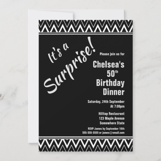 Invitation Black White Chevron Surprise Dîner 50e Anniversair (Devant)