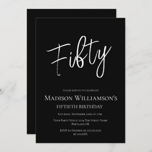 Invitation Black & White Cinquante minimum 50e fête d'anniver (Devant / Derrière)