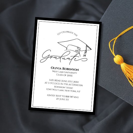 Invitation Black White Classic Graduation cap typography