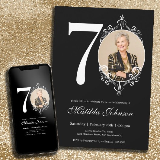 Invitation Black White Classy Photo personnalisée 70e anniver