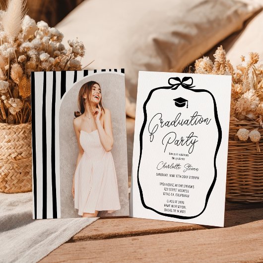 Invitation Black White Coquette Bow photo graduation