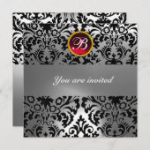Invitation BLACK & WHITE DAMASK GEM STONE MONOGRAM rouge rubi (Devant / Derrière)
