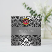 Invitation BLACK & WHITE DAMASK GEM STONE MONOGRAM rouge rubi (Debout devant)