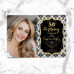 Invitation Black White Damask Gold Photo 50th Birthday<br><div class="desc">Elégante invitation féminine 50ème anniversaire avec votre photo. Design blanc noir glam avec parties scintillant d'or faux. Comprend un motif damassé noir et blanc, une police de script et des confettis. Parfait pour une fête anniversaire adulte élégante. Personnalisez avec vos propres détails. Peut être customisé pour n'importe quel âge !...</div>