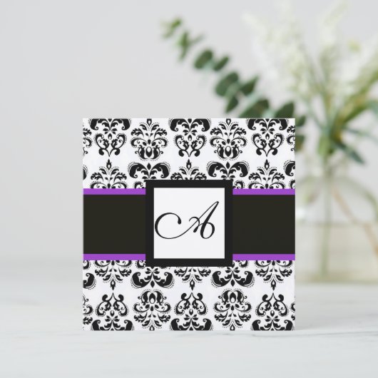 Invitation BLACK WHITE DAMASK MONOGRAM Champagne Metallic (Debout devant)