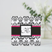 Invitation BLACK WHITE DAMASK MONOGRAM Champagne Metallic (Debout devant)