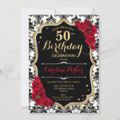 Invitation Black White Damask Red Roses Photo 50e anniversair (Devant)