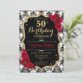 Invitation Black White Damask Red Roses Photo 50e anniversair (Debout devant)