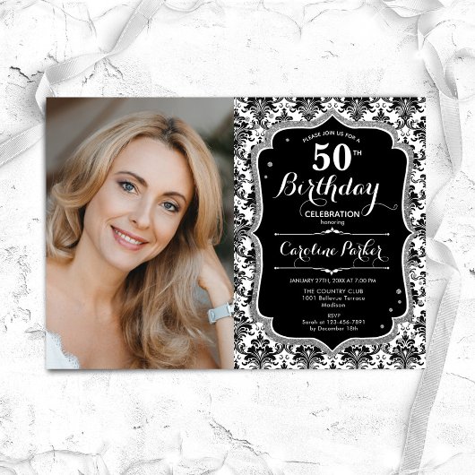 Invitation Black White Damask Silver Photo 50th Birthday