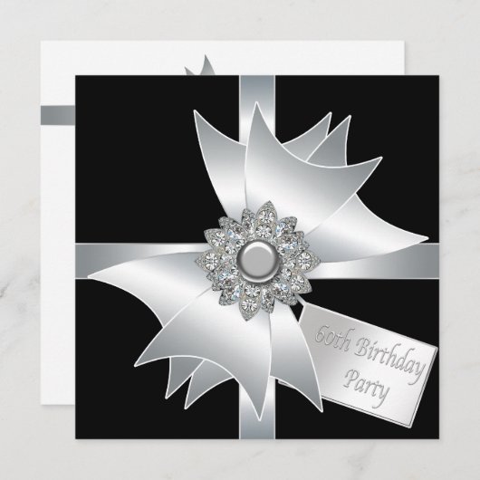 Invitation Black White Diamond Bow Womans 60e fête d'annivers (Devant / Derrière)
