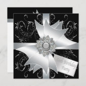 Invitation Black White Diamond Bow Womans 60e fête d'annivers (Devant / Derrière)