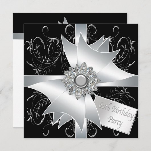 Invitation Black White Diamond Bow Womans 60e fête d'annivers (Devant / Derrière)