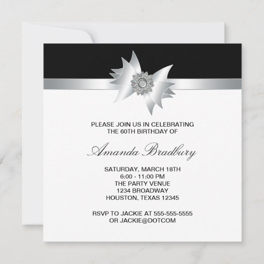 Invitation Black White Diamond Bow Womans 60e fête d'annivers (Dos)