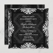 Invitation Black & White Diamond Damask Engagement Party (Devant / Derrière)